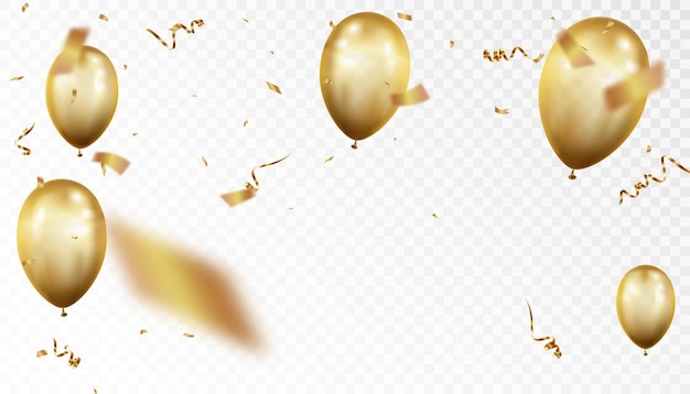 Goldene fallende Konfetti und Ballons fallende glänzende goldene Streifen Helle goldene festliche Schmuck