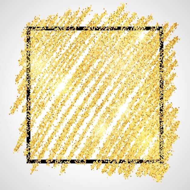Goldene farbe glitzernde kulisse mit schwarzem quadratischem rahmen auf weißem hintergrund. hintergrund mit goldfunkeln und glitzereffekt. leerer platz für ihren text. vektor-illustration
