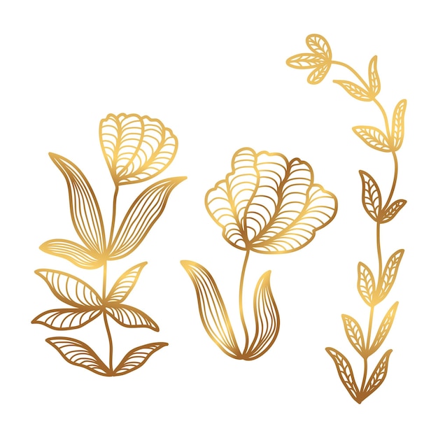 Goldene florale vektorillustration mit luxuriösen handgezeichneten blumen im linienstil