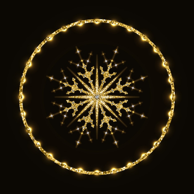 Vektor goldene funkelnde schneeflocke im glänzenden ring