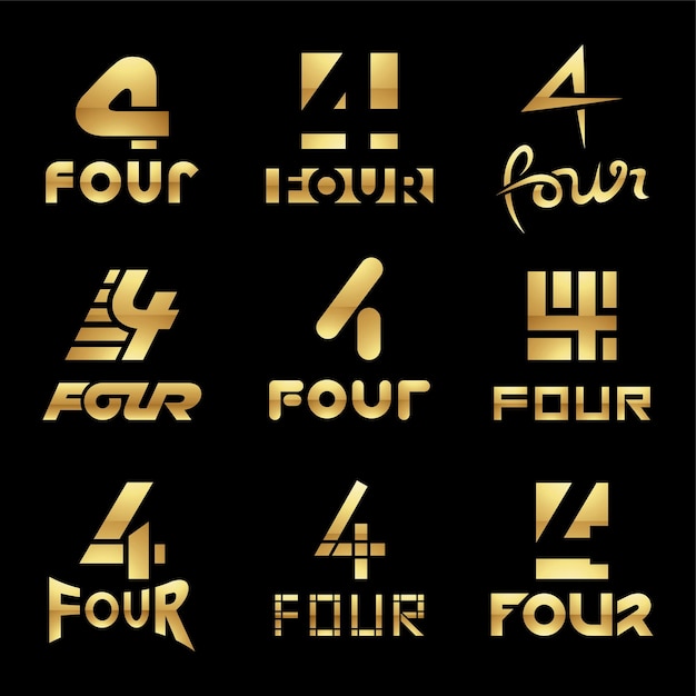 Goldene glänzende Nummer 4-Symbole auf schwarzem Hintergrund