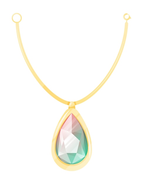 Goldene Halskette mit realistisch leuchtendem Edelstein, tropfenförmiger Smaragd. Vektor isolierte weibliche Kette, königlicher Schmuck