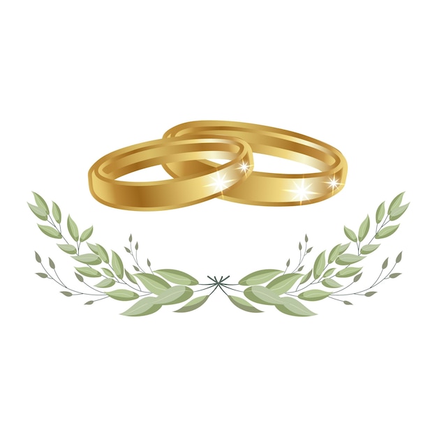 Vektor goldene hochzeitsringe in einem kranz aus eukalyptusblättern hochzeitsclipart-logo für einladungen vektor