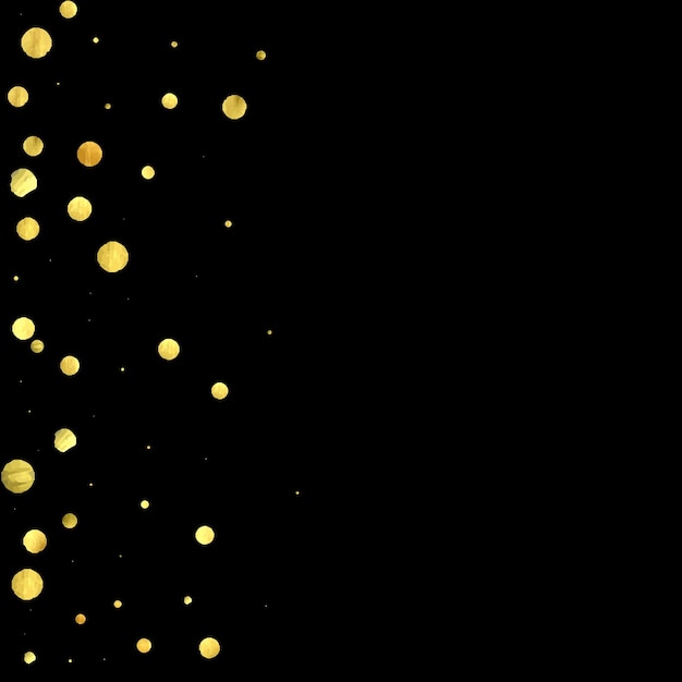 Goldene Konfetti isoliert auf schwarzem Hintergrund. Scatter-Gradient mit goldenen Konfetti auf dunklem Hintergrund. Glamourfallender Glitter. Neujahrswandpapier. Luxus-Vektorbroschüre-Vorlage. Cover-Textur-Design.