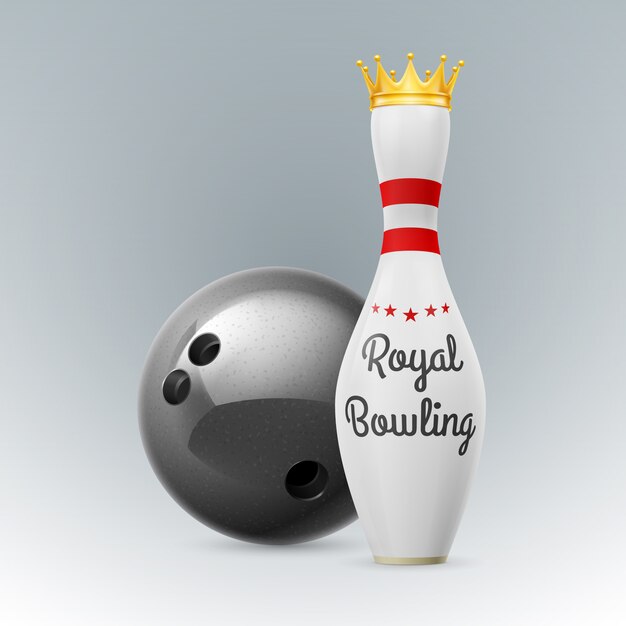 Goldene krone bei weißen kegeln auf weißem hintergrund. bowlingkugel