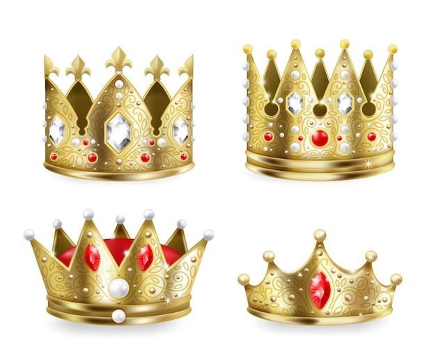 Goldene Kronen. 3D realistisches königliches heraldisches Dekorationselement, mittelalterliches Luxusset für König und Königin. Vektorbild heraldische Dekoration, isolierte goldene Monarchiekronen