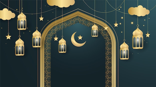 Goldene laterne arabisch dunkelblau islamischer designhintergrund universeller ramadan-kareem-banner-hintergrund mit islamischer mustermoschee des laternenmonds und abstrakten luxuriösen islamischen elementen