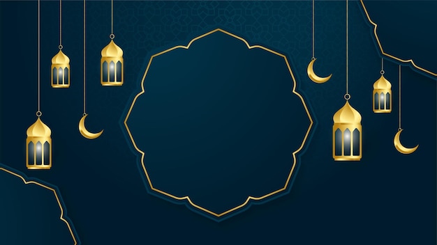 Goldene laterne arabisch dunkelblau islamischer designhintergrund universeller ramadan-kareem-banner-hintergrund mit islamischer mustermoschee des laternenmonds und abstrakten luxuriösen islamischen elementen