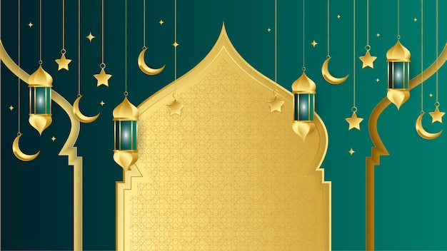 Goldene laterne arabisch grüner islamischer designhintergrund universeller ramadan-kareem-banner-hintergrund mit islamischer mustermoschee des laternenmonds und abstrakten luxuriösen islamischen elementen