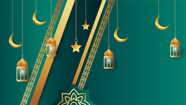 Goldene Laterne arabisch grüner islamischer Designhintergrund Universeller Ramadan-Kareem-Banner-Hintergrund mit islamischer Mustermoschee des Laternenmonds und abstrakten luxuriösen islamischen Elementen
