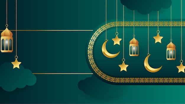 Goldene laterne arabisch grüner islamischer designhintergrund universeller ramadan-kareem-banner-hintergrund mit islamischer mustermoschee des laternenmonds und abstrakten luxuriösen islamischen elementen