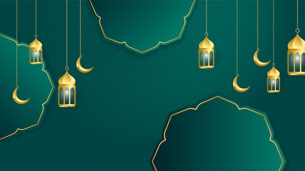 Goldene Laterne arabisch grüner islamischer Designhintergrund Universeller Ramadan-Kareem-Banner-Hintergrund mit islamischer Mustermoschee des Laternenmonds und abstrakten luxuriösen islamischen Elementen