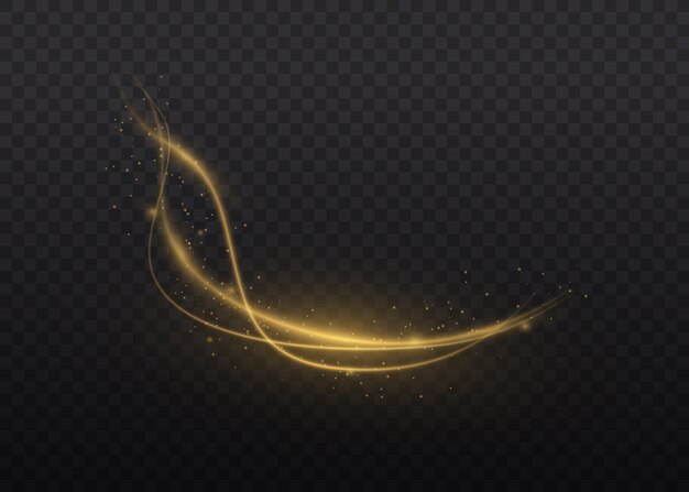 Goldene Linie mit Lichteffekt. Staub von gelben Funken und Sternen leuchtet mit einem besonderen Licht. Dynamische goldene Wellen mit kleinen Teilen. Gelber Staub. Bokeh-Effekt. Illustration ,.