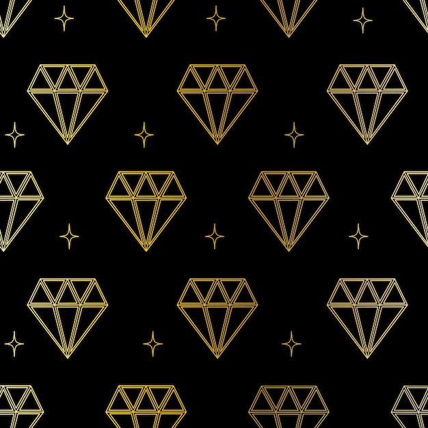 Vektor goldene linienkunst-brillantdiamanten mit scheinen auf schwarzem hintergrundluxusschmuckmuster