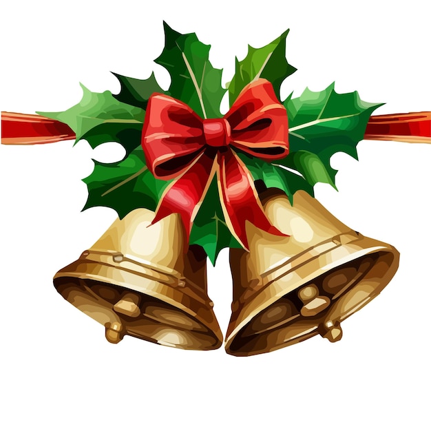 Goldene Metallglocke mit roter Schleife isoliert auf weißem Hintergrund, Weihnachtssymbol, Schulglocke, Vintage
