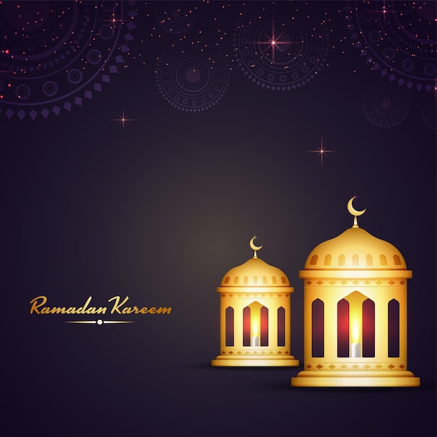 Goldene ramadan kareem-schriftart mit beleuchteten arabischen laternen 3d und lichteffekt auf purpurrotem mandala-hintergrund