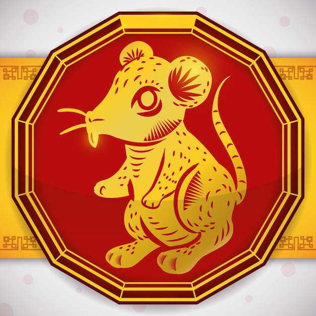 Goldene Rattensilhouette über einer roten zwölfseitigen Form und goldenem Band mit Muster für chinesisches Tierkreiszeichen