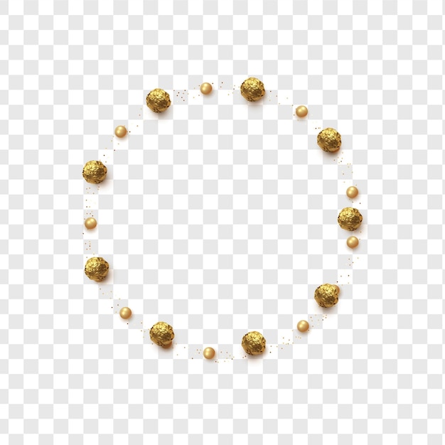 Goldene runde pralinen in folie, perlen und streuung von glitzer einzeln auf transparentem hintergrund.