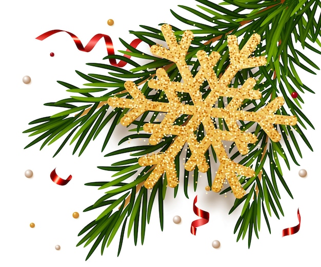 Vektor goldene schneeflocke auf tannenzweigen mit serpentinenkonzept für die begrüßung von neujahrs-weihnachtskarten