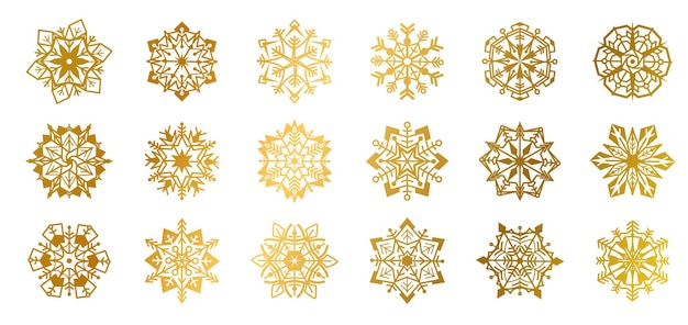 Goldene schneeflocken. goldene glänzende weihnachtsflocke für dekoration und grußkarten, glühelemente für packpapier und festliche wintertextilien, eiskristalle schneefall sammlung vektor schnee isoliert set