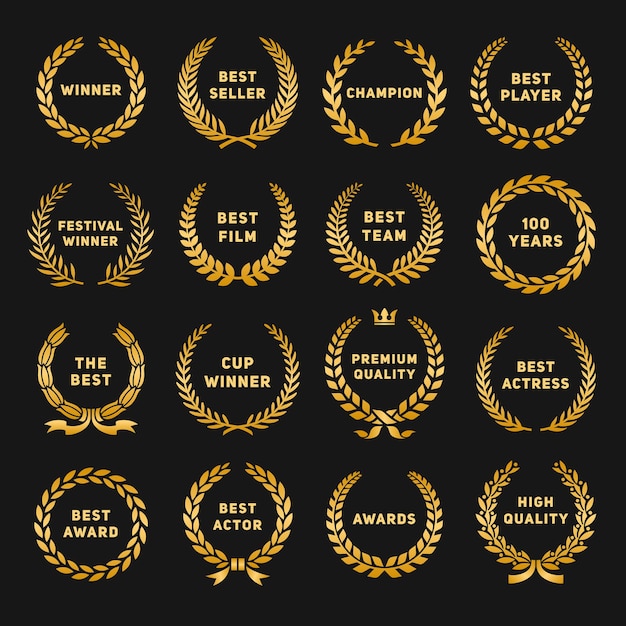Goldene Siegerkränze Gold Award Logo Sportkino oder Wettbewerb gewinnen Symbole Zeremonie Lorbeer mit Blättern Festival ordentliche Vektorembleme