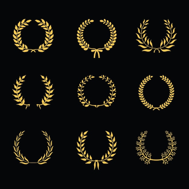 Goldene Silhouette, Lorbeerblattweizen und Olivenkränze, die eine Heraldik für Auszeichnungen darstellen