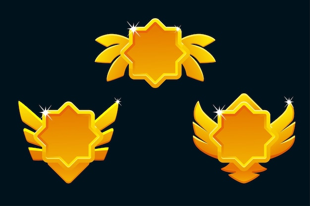 Goldene spielrangsymbole isoliert spielabzeichen-schaltflächen im sternrahmen mit flügeln