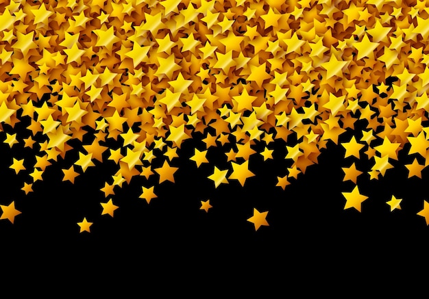 Goldene Sterne glitzern in der Feierkarte auf Schwarz verstreut