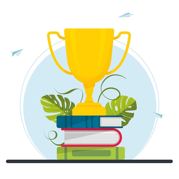 Goldene tasse, trophäe auf einem stapel büchern. leistung in bildung, studienpreis, fernstudium, geschäftsziel, idee, online-kurse. erfolgsfeier. vektor-illustration.