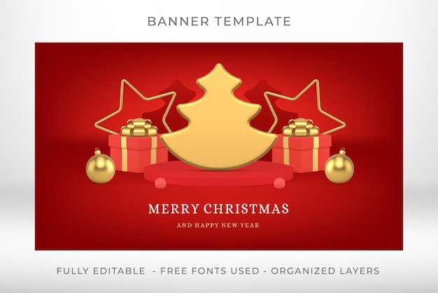 Goldene weihnachtsfichte frohe weihnachten glückwünsche rote web-banner-vorlage realistischer 3d-symbolvektor