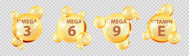 Vektor goldenen blasen von omega-säuren mehrfach ungesättigte fette omega-3 omega-6 omega-9 natürliches fischöl