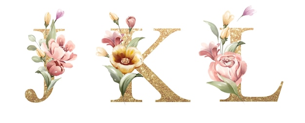 Goldener alphabetsatz von j, k, l, mit blumen und blättern aquarell