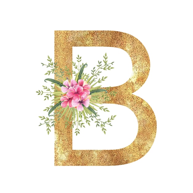 Goldener buchstabe b des englischen alphabets mit einem aquarellblumenstrauß aus tropischen blättern und blumen han