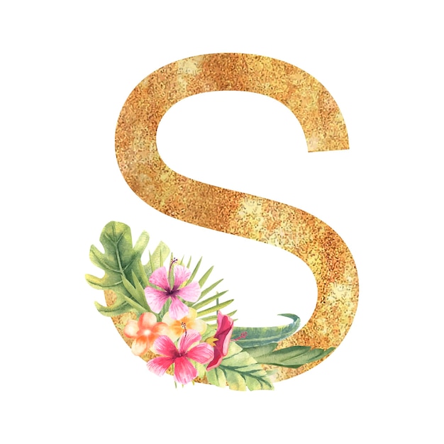 Vektor goldener buchstabe s des englischen alphabets mit einem aquarellblumenstrauß aus tropischen blättern und blumen han
