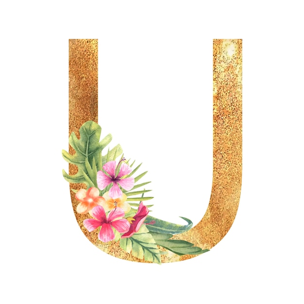 Goldener buchstabe u des englischen alphabets mit einem aquarellblumenstrauß aus tropischen blättern und blumen han