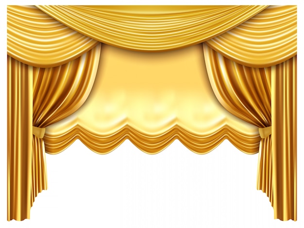 Goldener Bühnenvorhang. Realistische Seidenvorhänge, Luxus-Opernszenenhintergrund, Goldoper, Theaterszene portiere drapieren Illustration. Opern- und Konzertpremiere, Stoffsamt