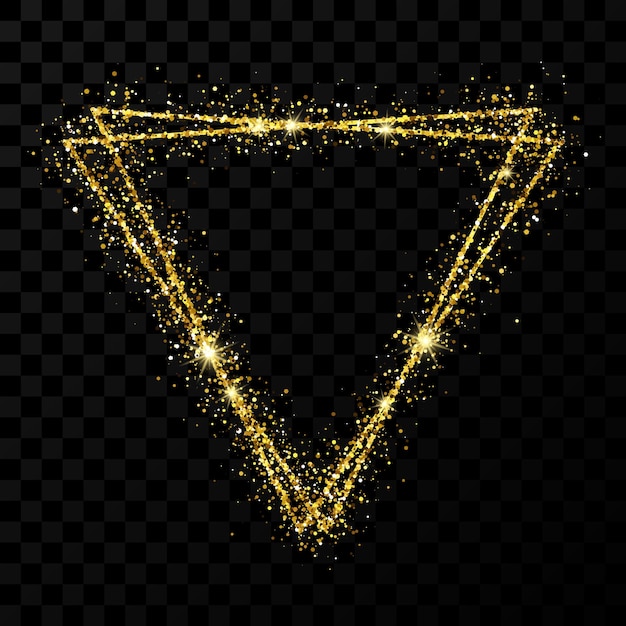 Goldener doppelter dreiecksrahmen. moderner glänzender rahmen mit lichteffekten einzeln auf dunklem transparentem hintergrund. vektor-illustration.