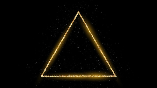 Vektor goldener dreiecksrahmen mit glitzer, funkeln und aufflackern auf dunklem hintergrund. leere luxuskulisse. vektor-illustration.
