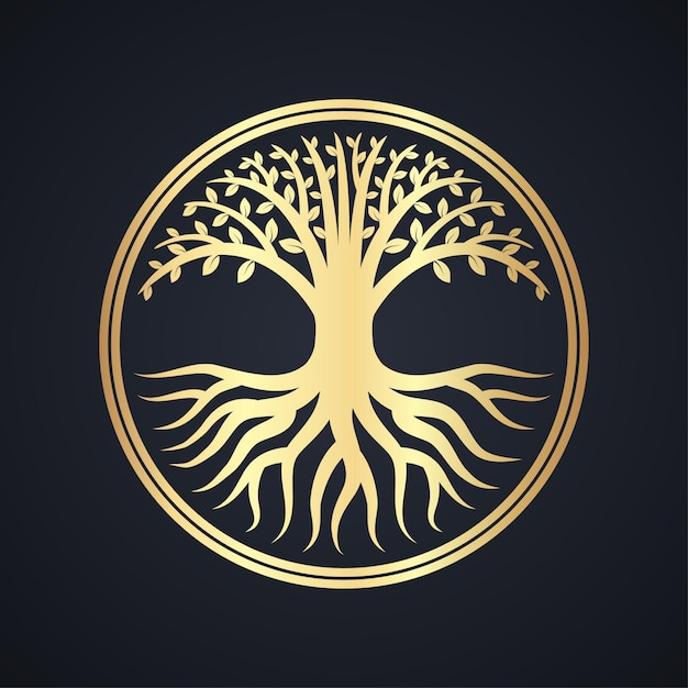 goldener eleganter Baum mit Wurzeln im Kreis stilisierter Zeichen