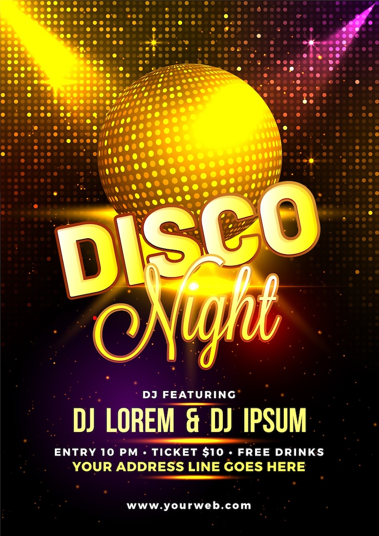 Vektor goldener glänzender disco-ball auf glänzendem hintergrund, disco-nachtflieger, plakat oder partei-schablone.