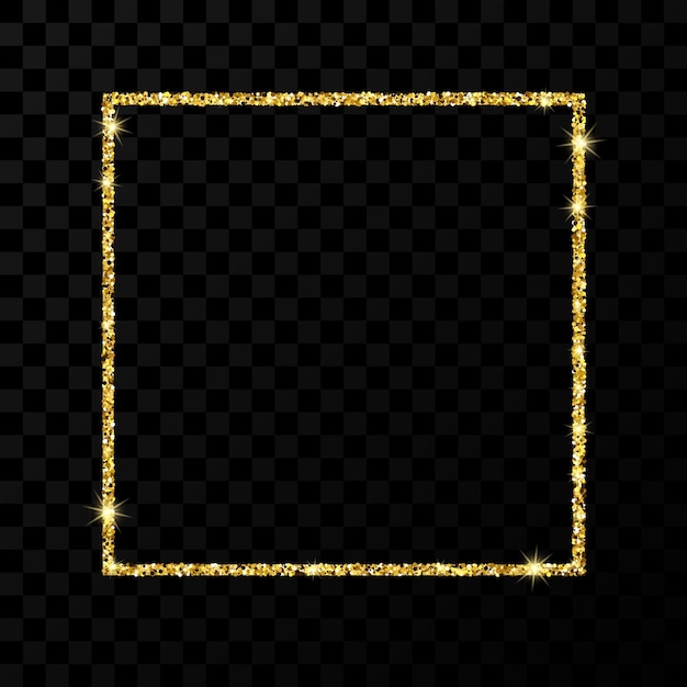 Goldener Glitzerrahmen. Quadratischer Rahmen mit glänzenden Sternen und Funkeln auf dunklem transparentem Hintergrund. Vektorillustration