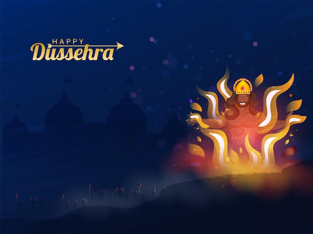 Goldener glücklicher Dussehra-Text mit brennendem Dämon Ravana und Lord Rama-Armee auf blauem Lanka-Ansichtshintergrund.