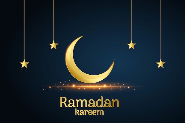 Goldener islamischer mond und sterne ramadan kareem geschrieben mit schwarzem hintergrund