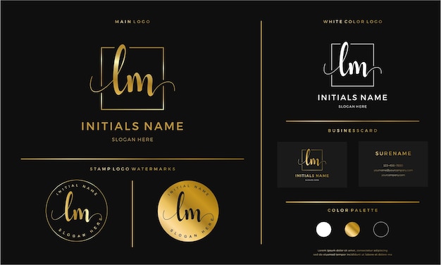 Goldener lm-anfangsbuchstabe lm-handschrift-logo-designlinie quadratisch