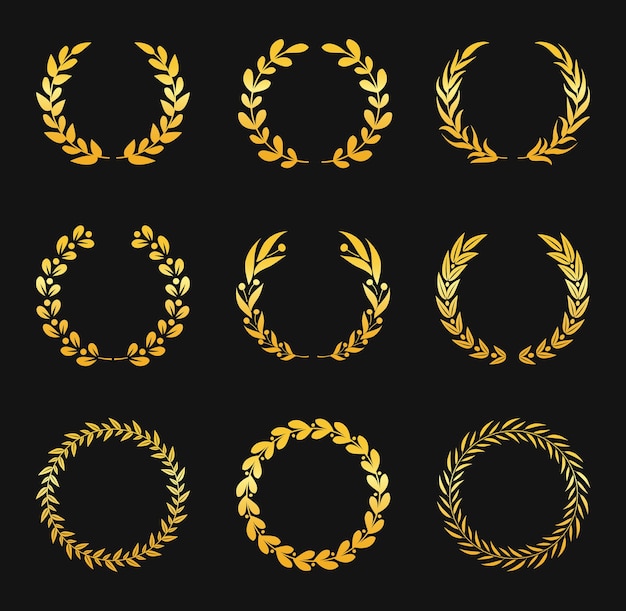 Goldener Lorbeerkranz Weizen- und Olivenblattzweig für den Sieg Filmfestivalpreis Ehrenleistung für den Champion Antikes Emblem für Ruhm Edles Logo mit Laubvektorsatz