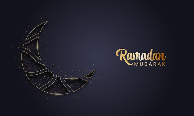 Vektor goldener ramadan mubarak-schriftart mit papierschnitt-halbmond und lichteffekt auf schwarzem hintergrund.