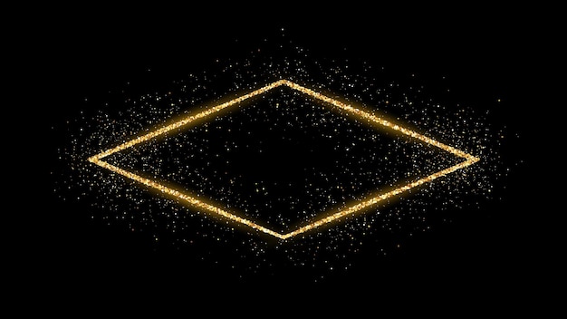Goldener Rautenrahmen mit Glitzer, Funkeln und Fackeln auf dunklem Hintergrund. Leere Luxuskulisse. Vektor-Illustration.