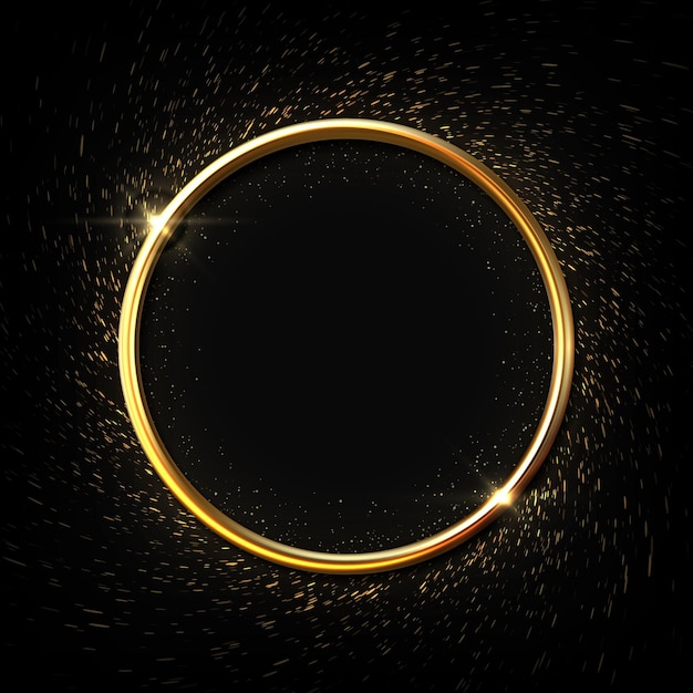 Goldener ringhintergrund kreisrahmen mit glitzereffekten glänzendes metallformdesign draufsicht auf goldschmuck glitzernder runder rahmen vektorfestliche bannervorlage mit kopierbereich