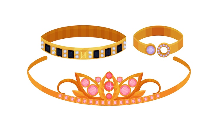Vektor goldener schmuck mit inkrustierten edelsteinen vektor-set