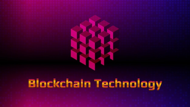Goldener Schriftzug Blockchain-Technologie mit digitalem Würfel auf schönem lila Hintergrund Futuristische Vorlage für digitale Technologien Gestaltungselement Layout für Banner oder Website EPS10-Vektor